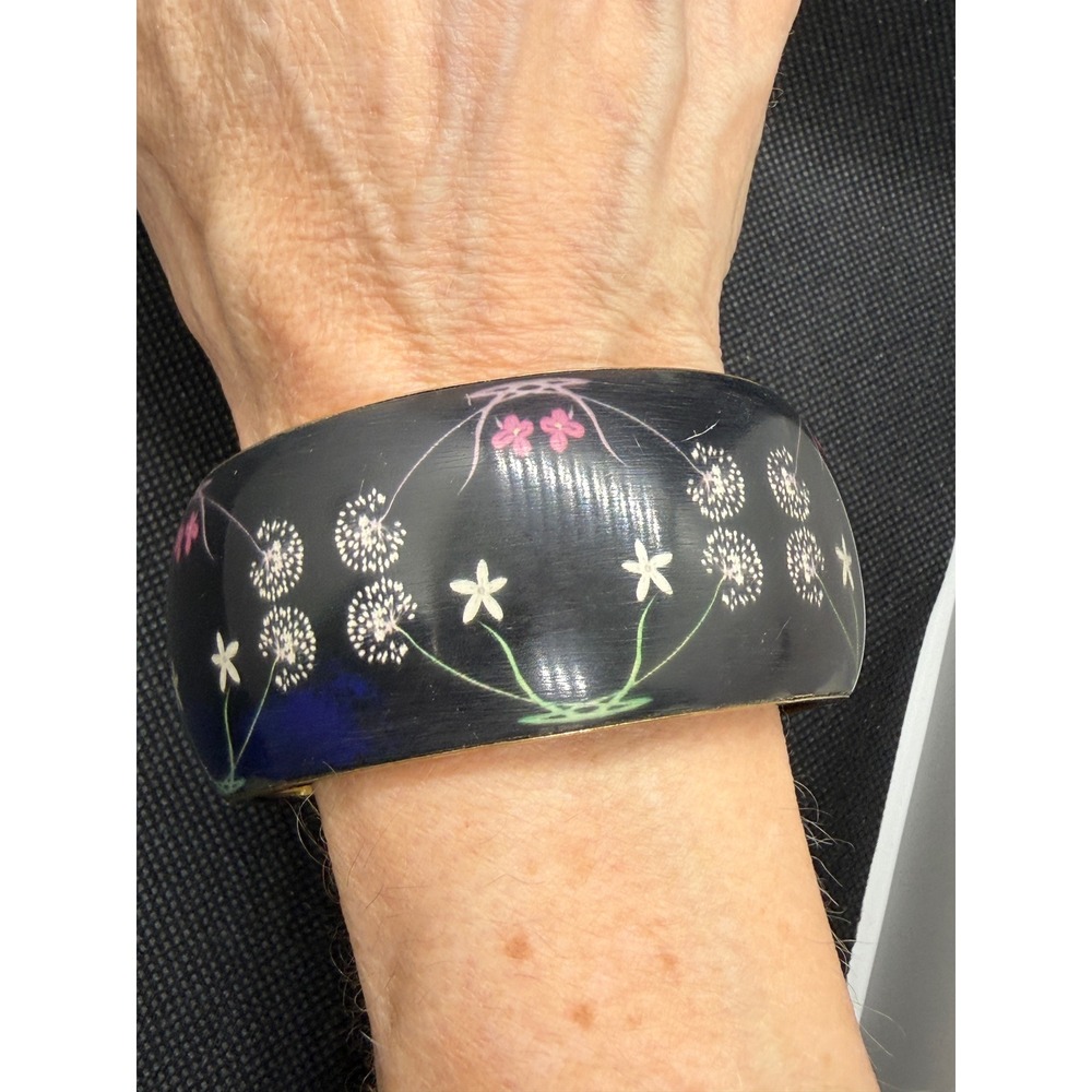 Desigual Floral Bangle Bracelet Gold Tone Interior Navy Blue Hand Painted Wide